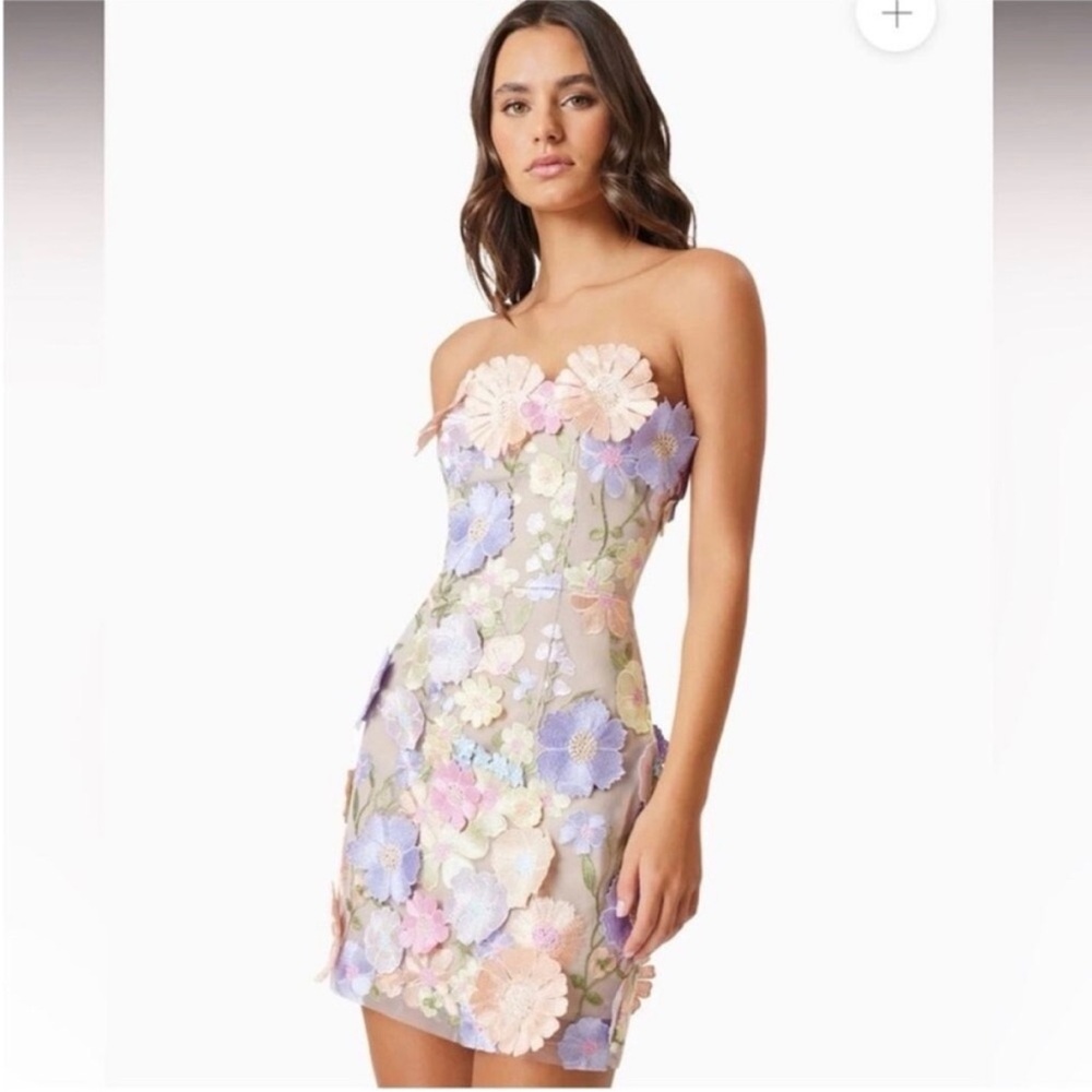 elliatt arabella pink purple strapless 3d floral embroidered mini dress medium - Picture 3 of 12